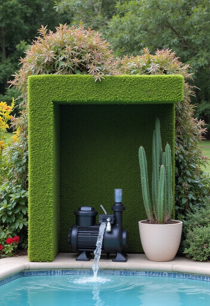 30 Pool Pump Cover Ideas That Are Practical and Stylish - 8. Chic Green Roof Structure