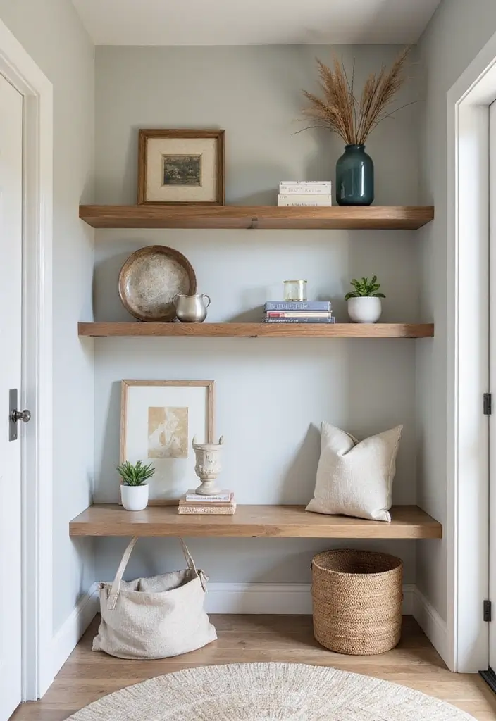 30 Small Front Entryway Ideas That Make a Big Impression - 1. Floating Shelves for a Modern Touch