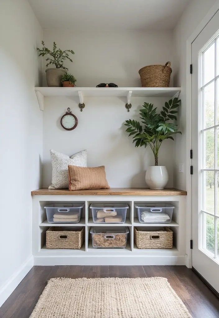 30 Small Front Entryway Ideas That Make a Big Impression - 11. Use Clear Storage Bins