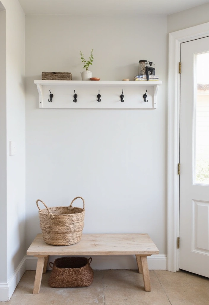 30 Small Front Entryway Ideas That Make a Big Impression - 17. Minimalist Bench with Hooks