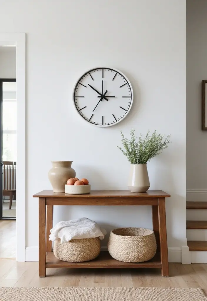 30 Small Front Entryway Ideas That Make a Big Impression - 21. Minimalist Clock Feature