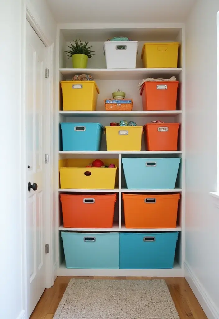 30 Small Front Entryway Ideas That Make a Big Impression - 29. Use of Colorful Storage Boxes