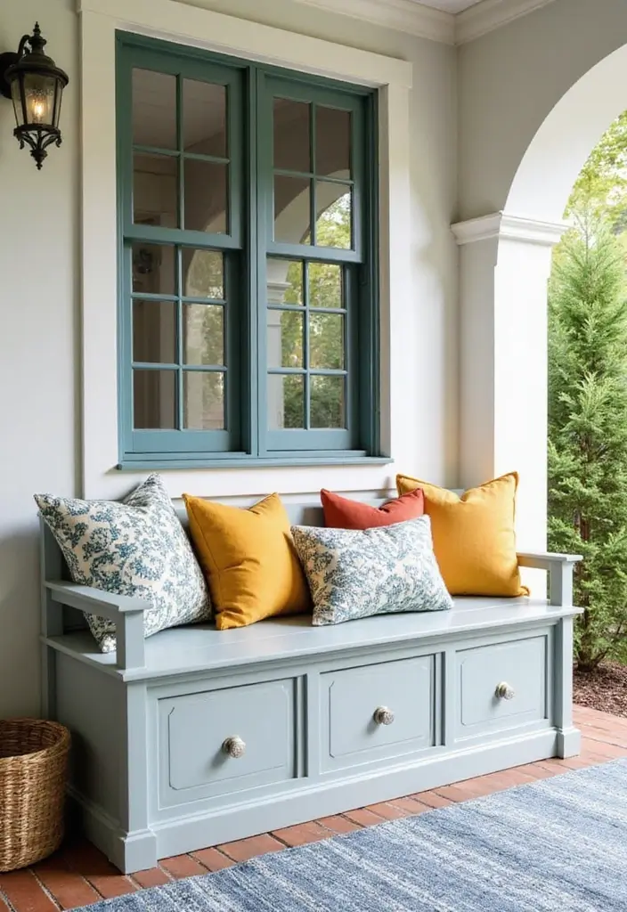 30 Small Front Porch Ideas That Maximize Every Inch 11 30 Small Front Porch Ideas That Maximize Every Inch - 11. Bench with Storage