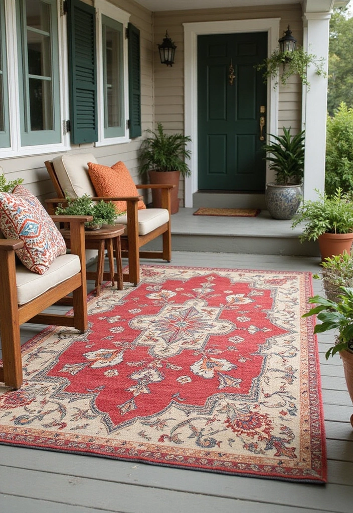 30 Small Front Porch Ideas That Maximize Every Inch 3 30 Small Front Porch Ideas That Maximize Every Inch - 3. Decorative Outdoor Rugs