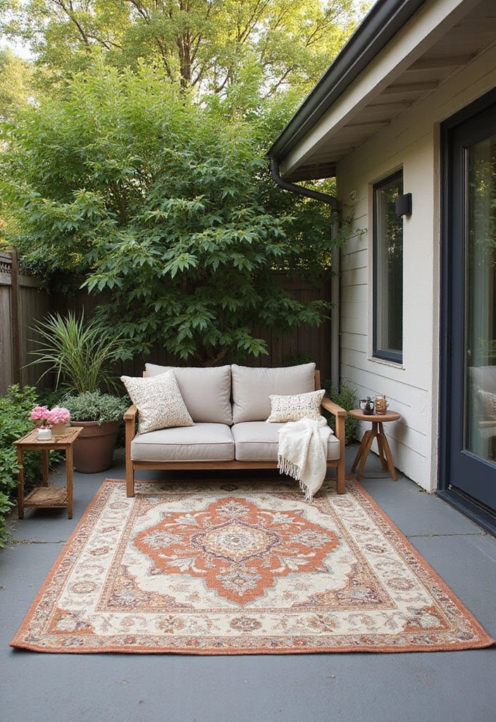 30 Small Patio Decorating Ideas That Make a Big Impact - 7. Outdoor Rug Magic