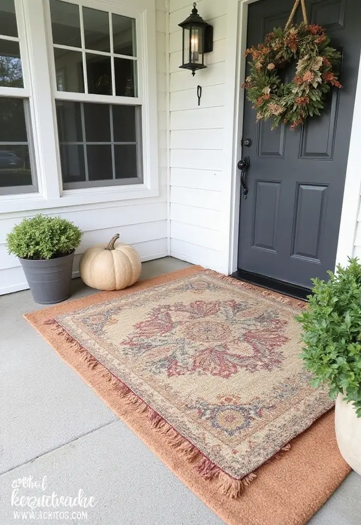 30 Small Porch Fall Decorating Ideas That Feel Cozy - 10. Layered Rugs