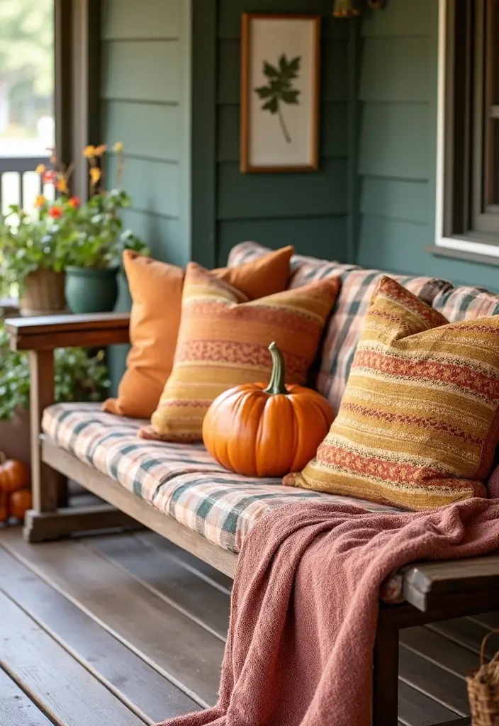 30 Small Porch Fall Decorating Ideas That Feel Cozy - 11. Fall-themed Pillows