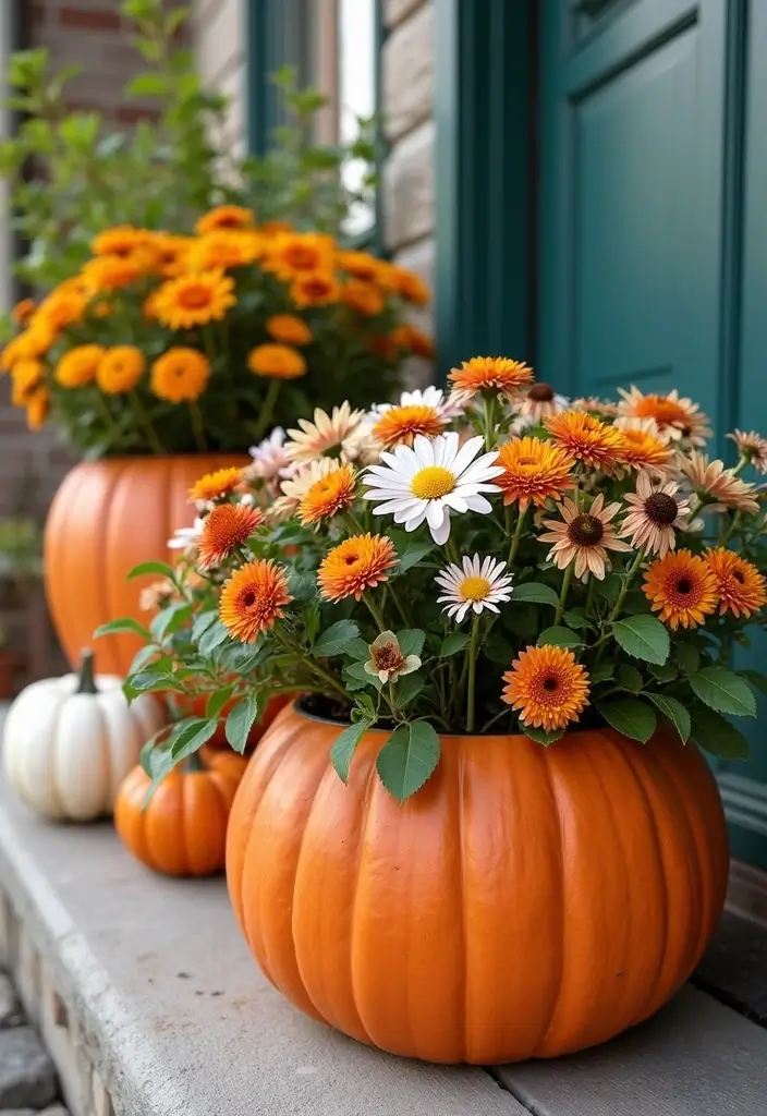 30 Small Porch Fall Decorating Ideas That Feel Cozy - 12. DIY Pumpkin Planters