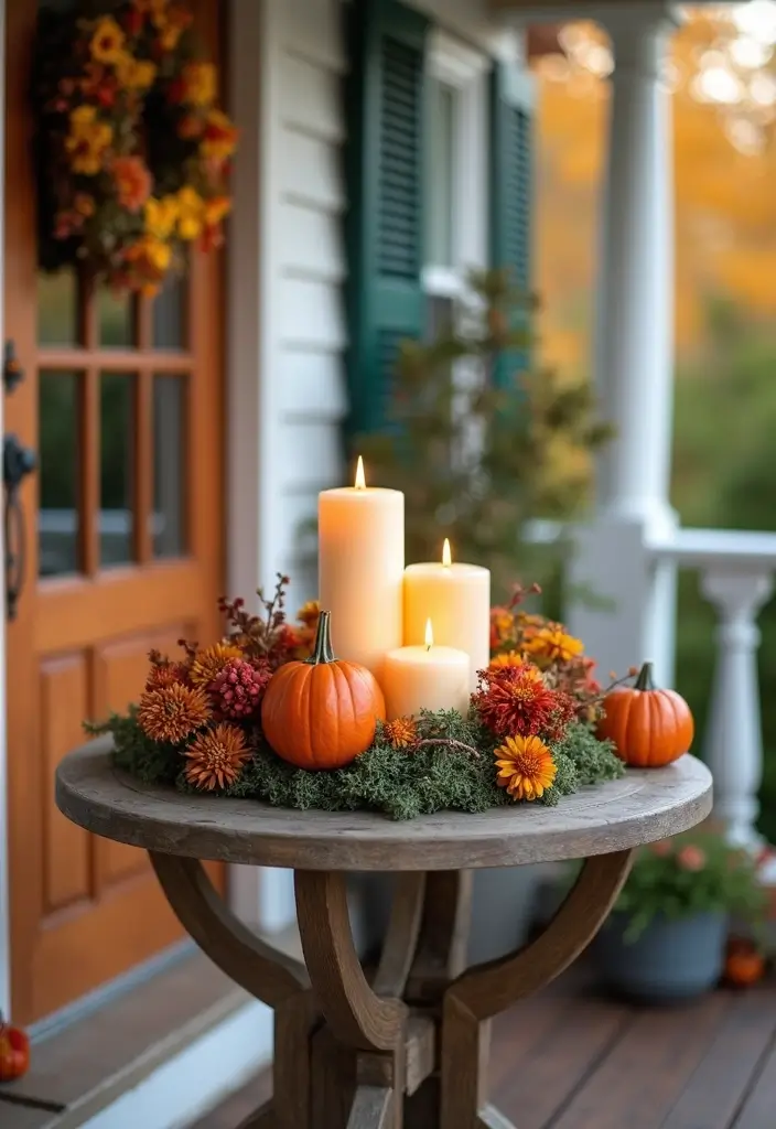 30 Small Porch Fall Decorating Ideas That Feel Cozy - 16. Seasonal Table Centerpiece