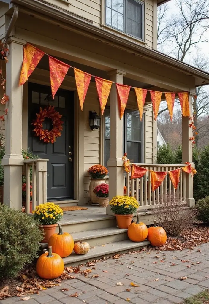 30 Small Porch Fall Decorating Ideas That Feel Cozy - 17. Colorful Autumn Banners