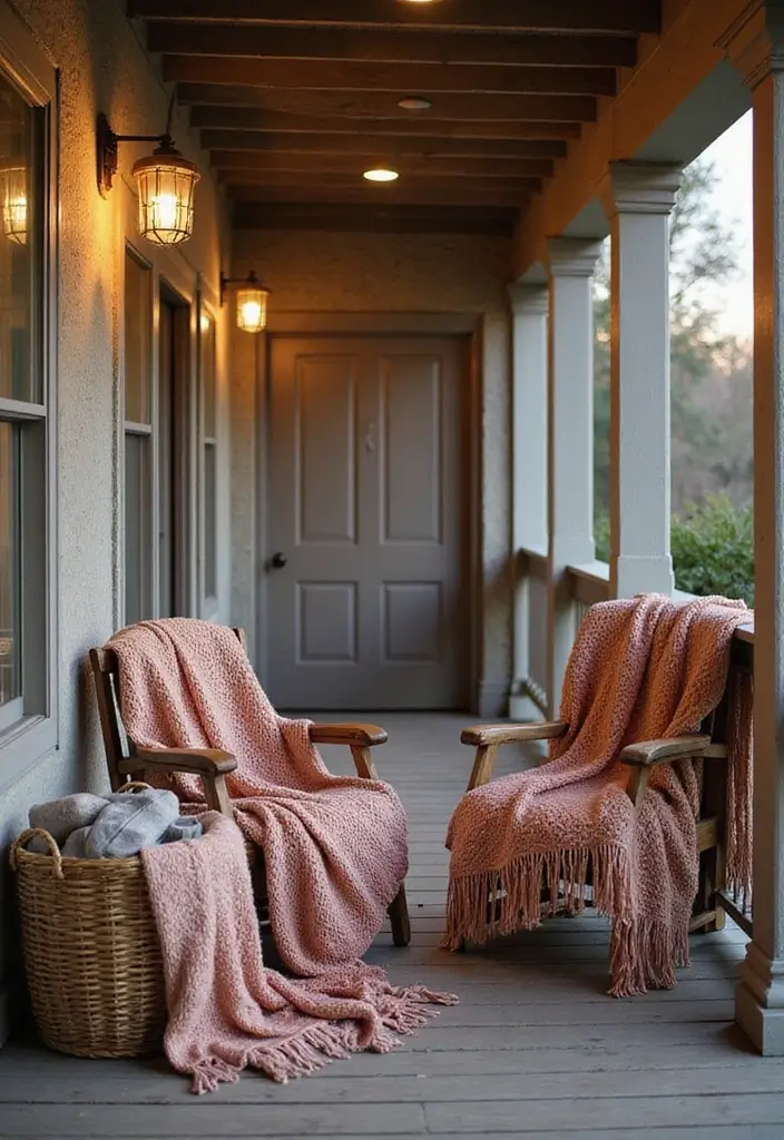 30 Small Porch Fall Decorating Ideas That Feel Cozy - 2. Cozy Knit Throws