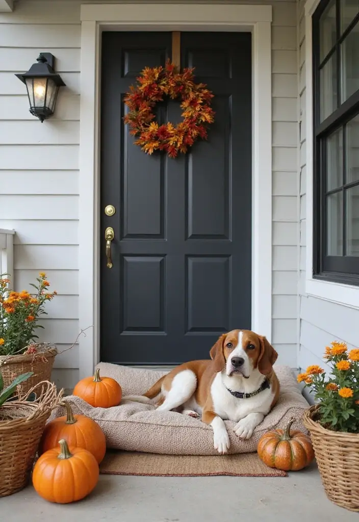 30 Small Porch Fall Decorating Ideas That Feel Cozy - 22. Plush Dog Beds