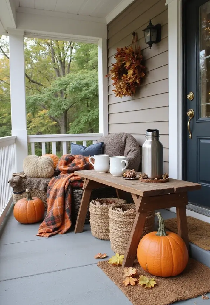 30 Small Porch Fall Decorating Ideas That Feel Cozy - 25. Comforting Hot Drink Station