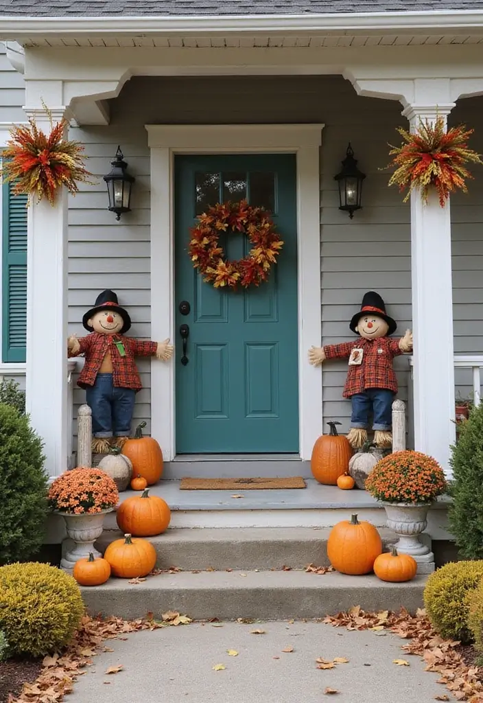 30 Small Porch Fall Decorating Ideas That Feel Cozy - 27. Scarecrow Accents