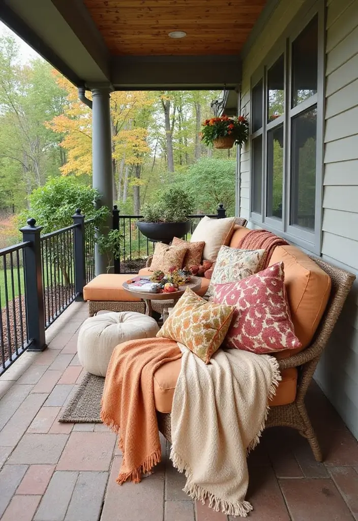 30 Small Porch Fall Decorating Ideas That Feel Cozy - 28. Outdoor Cushions and Seating