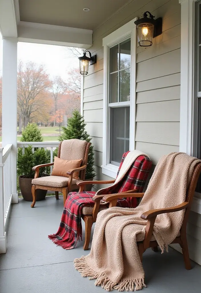 30 Small Porch Fall Decorating Ideas That Feel Cozy - 29. Seasonal Throw Blankets