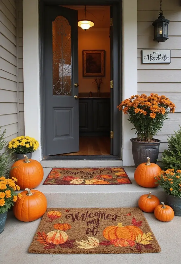 30 Small Porch Fall Decorating Ideas That Feel Cozy - 5. Welcome Mat with a Twist