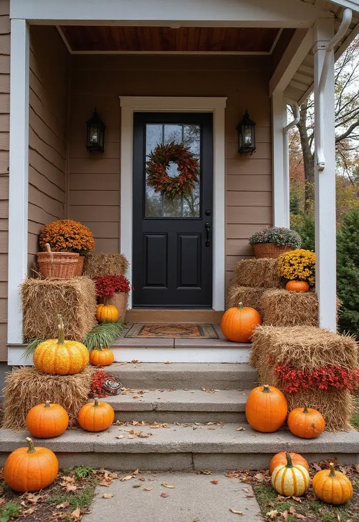 30 Small Porch Fall Decorating Ideas That Feel Cozy - 6. Colorful Hay Bales