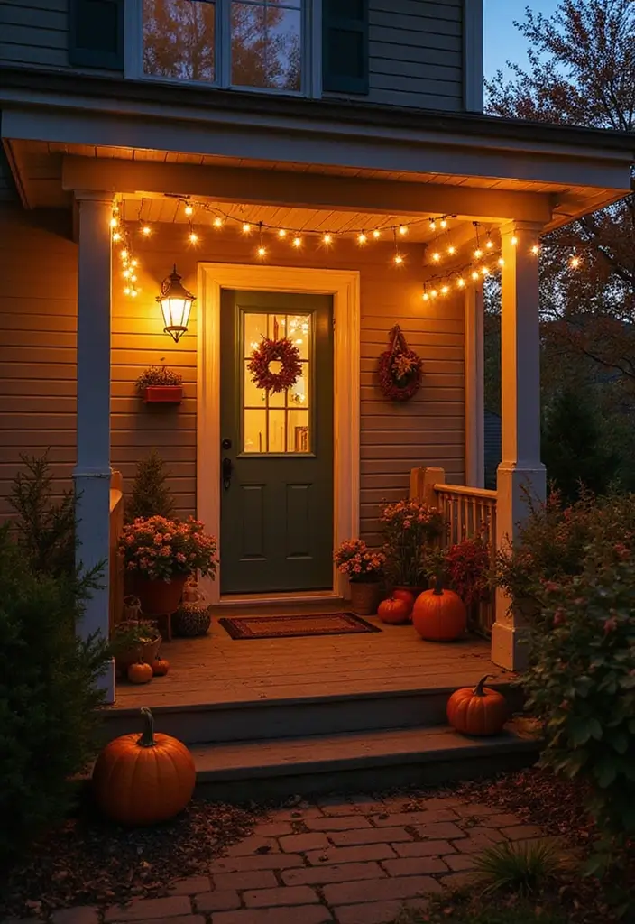 30 Small Porch Fall Decorating Ideas That Feel Cozy - 7. String Lights for Ambiance