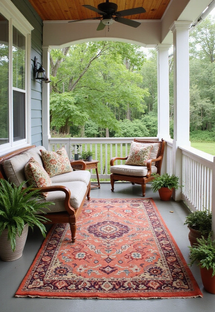 30 Three-Season Porch Ideas for Cozy Year-Round Living 10 30 Three-Season Porch Ideas for Cozy Year-Round Living - 10. Colorful Outdoor Rugs