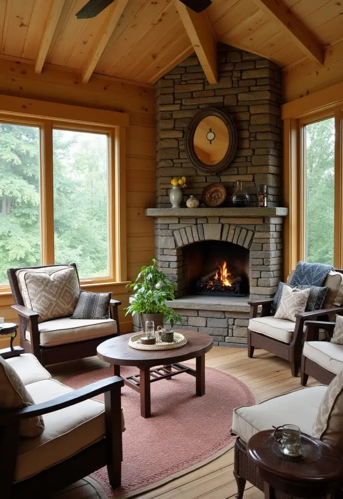 30 Three-Season Porch Ideas for Cozy Year-Round Living 15 30 Three-Season Porch Ideas for Cozy Year-Round Living - 15. Cozy Corner Fireplace