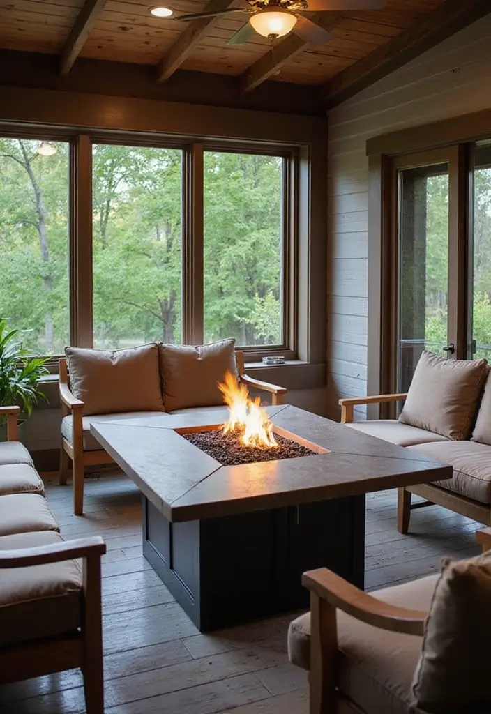 30 Three-Season Porch Ideas for Cozy Year-Round Living 19 30 Three-Season Porch Ideas for Cozy Year-Round Living - 19. Cozy Fire Pit Table