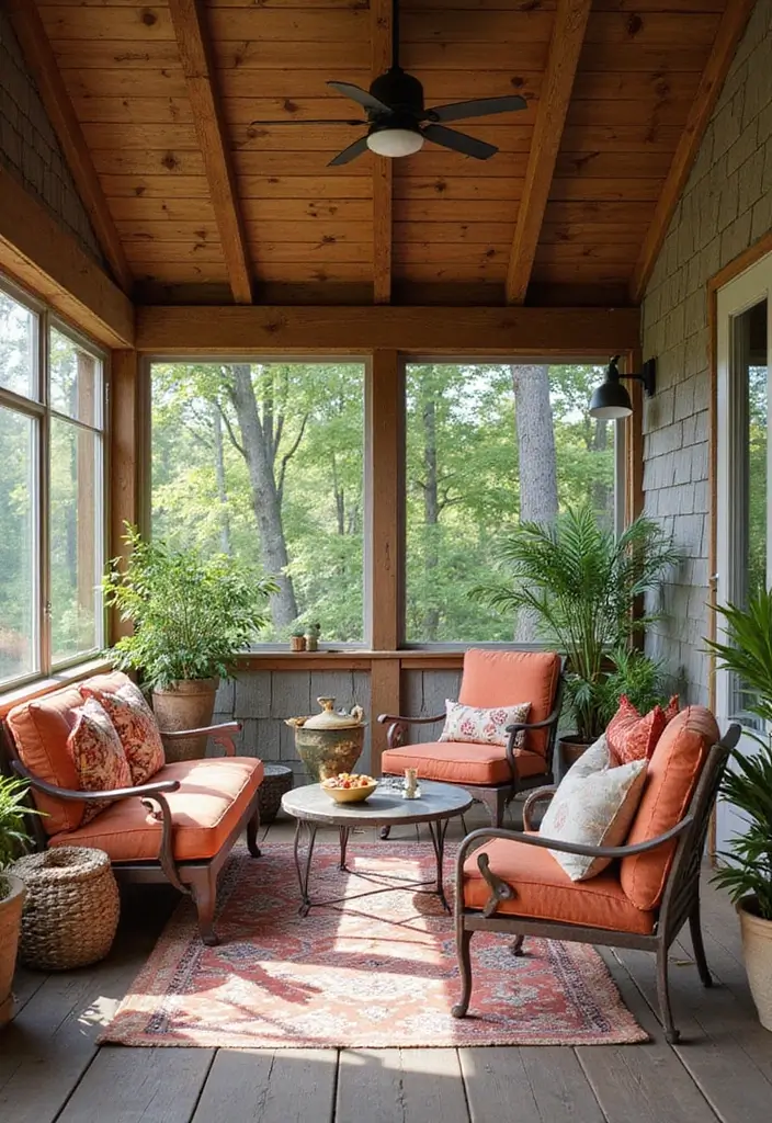 30 Three-Season Porch Ideas for Cozy Year-Round Living 27 30 Three-Season Porch Ideas for Cozy Year-Round Living - 27. Mixed Materials