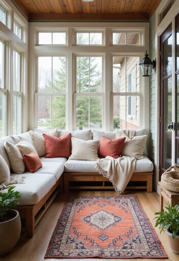 30 Three-Season Porch Ideas for Cozy Year-Round Living 6 30 Three-Season Porch Ideas for Cozy Year-Round Living - 6. Warm Textiles