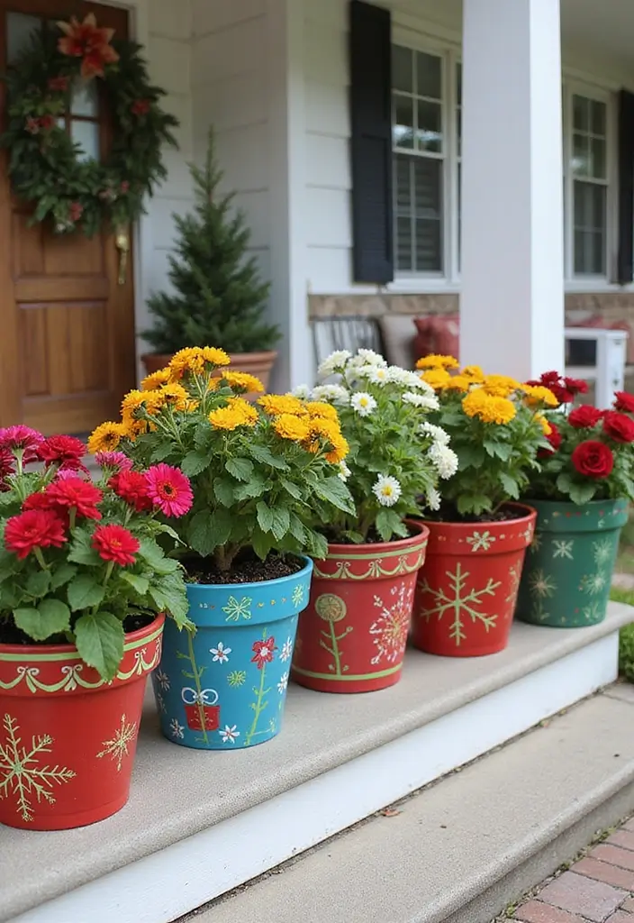 30 Xmas Front Porch Ideas That Spark Holiday Cheer - 13. Hand-Painted Holiday Pots