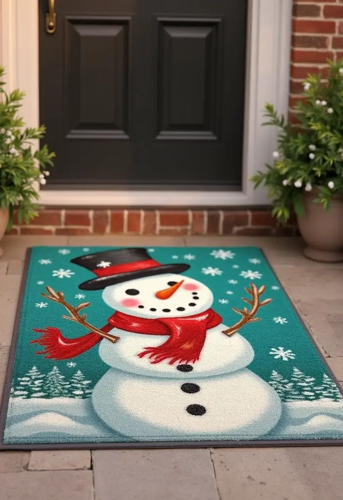 30 Xmas Front Porch Ideas That Spark Holiday Cheer - 17. Snowman Welcome Mat