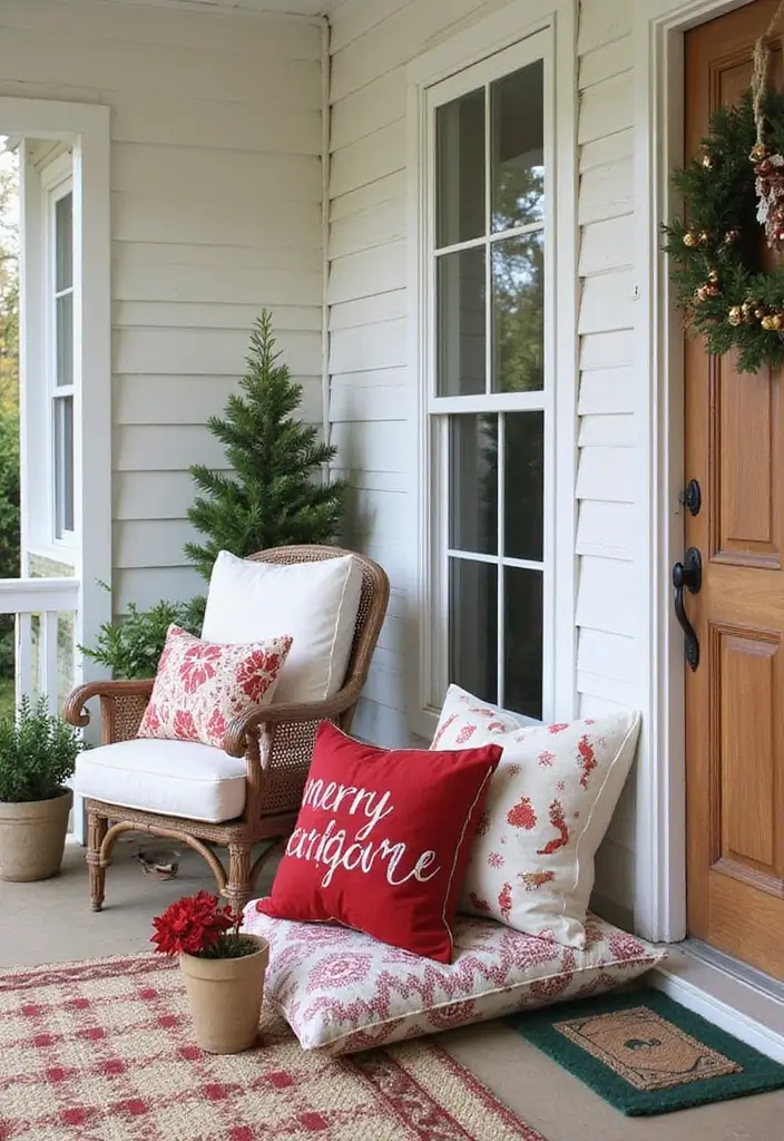 30 Xmas Front Porch Ideas That Spark Holiday Cheer - 18. Holiday-Themed Throw Pillows