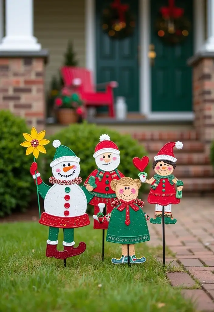 30 Xmas Front Porch Ideas That Spark Holiday Cheer - 21. Holiday-Themed Garden Stakes