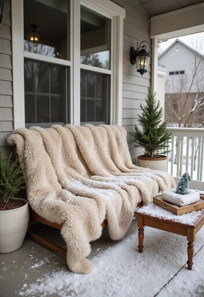 30 Xmas Front Porch Ideas That Spark Holiday Cheer - 24. Snowy Faux Fur Throws