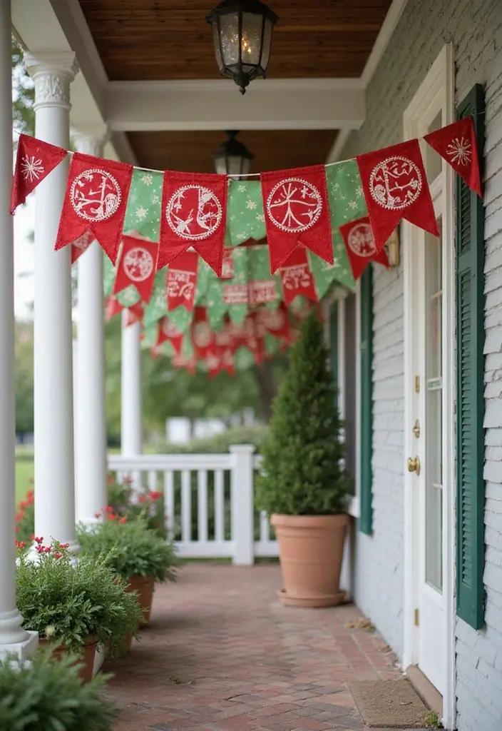 30 Xmas Front Porch Ideas That Spark Holiday Cheer - 27. Cheerful Holiday Banner Flags