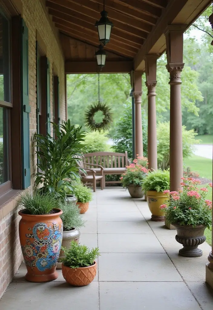 50 Covered Front Porch Ideas That Add Charm to Your Home 23 50 Covered Front Porch Ideas That Add Charm to Your Home - 23. Artistic Planters