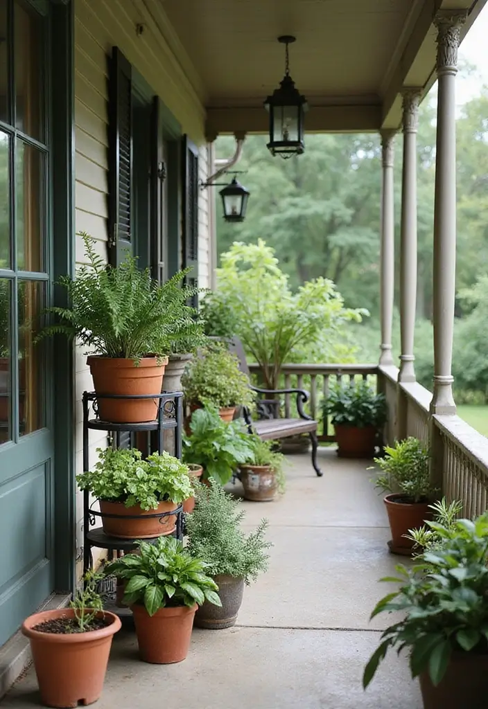 50 Covered Front Porch Ideas That Add Charm to Your Home 36 50 Covered Front Porch Ideas That Add Charm to Your Home - 36. Plant Stand Layering