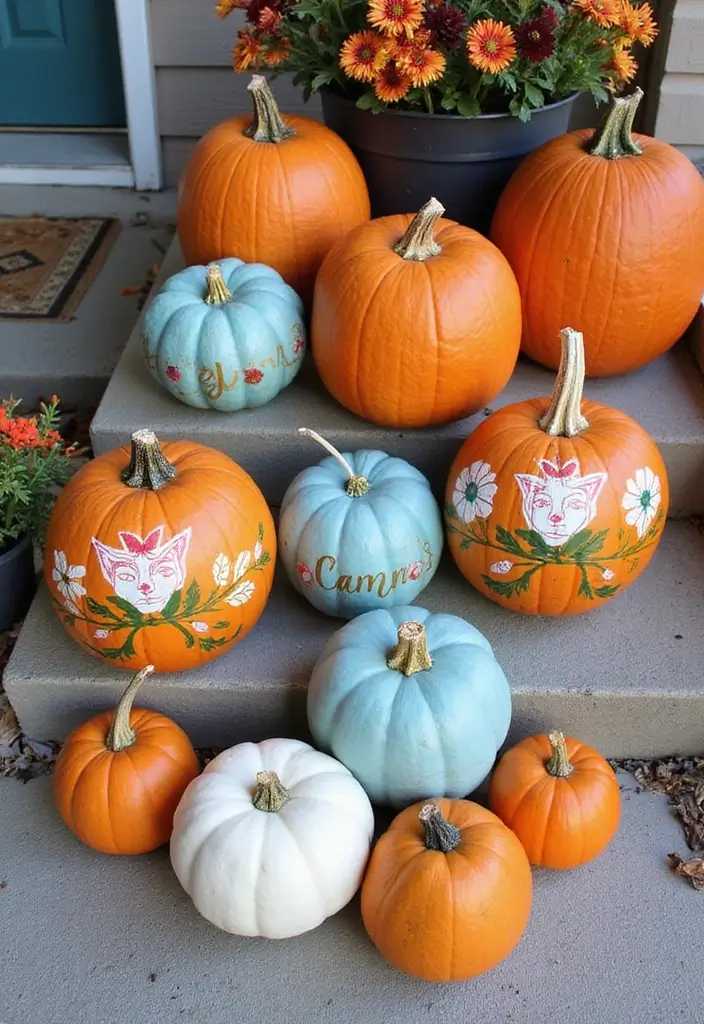 50 Fall Front Porch Decor Ideas That Feel Warm and Inviting 24 50 Fall Front Porch Decor Ideas That Feel Warm and Inviting - 24. Hand-painted Pumpkins