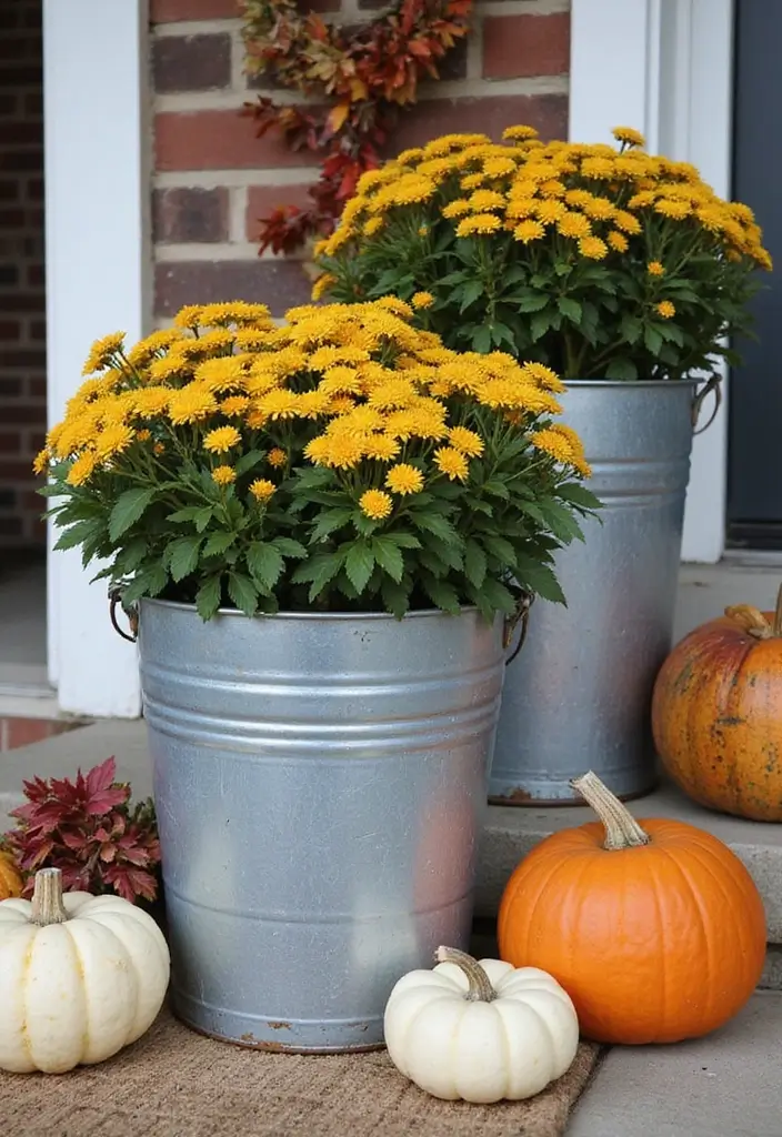 50 Fall Front Porch Decor Ideas That Feel Warm and Inviting 33 50 Fall Front Porch Decor Ideas That Feel Warm and Inviting - 33. Vintage Style Buckets