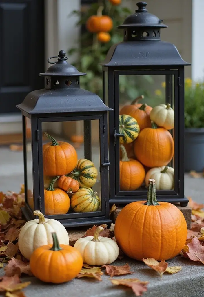50 Fall Front Porch Decor Ideas That Feel Warm and Inviting 36 50 Fall Front Porch Decor Ideas That Feel Warm and Inviting - 36. Lanterns with Gourds