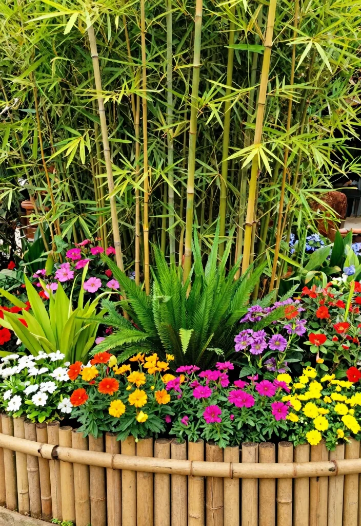 10 Bamboo Fence Ideas for Natural Garden Privacy - 10. Bamboo Fencing with Colorful Planters 1