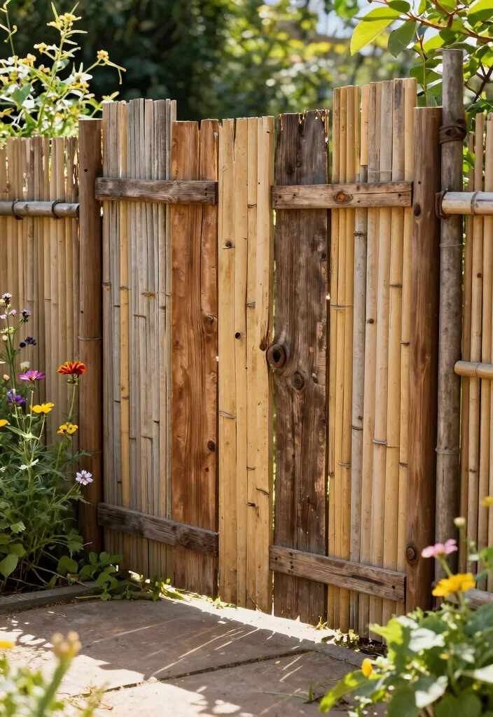10 Bamboo Fence Ideas for Natural Garden Privacy - 4. Rustic Bamboo Fence with Reclaimed Wood 1