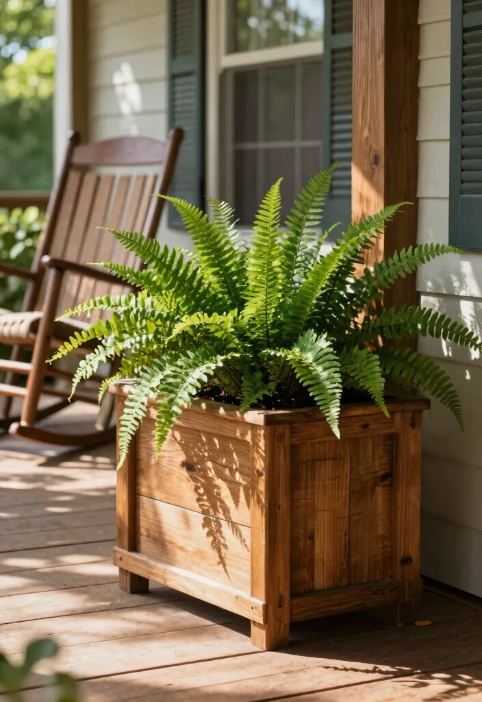 10 Boston Fern Planter Ideas for Porches, Patios, and Shaded Spaces - 3. Rustic Wooden Planter Box 1