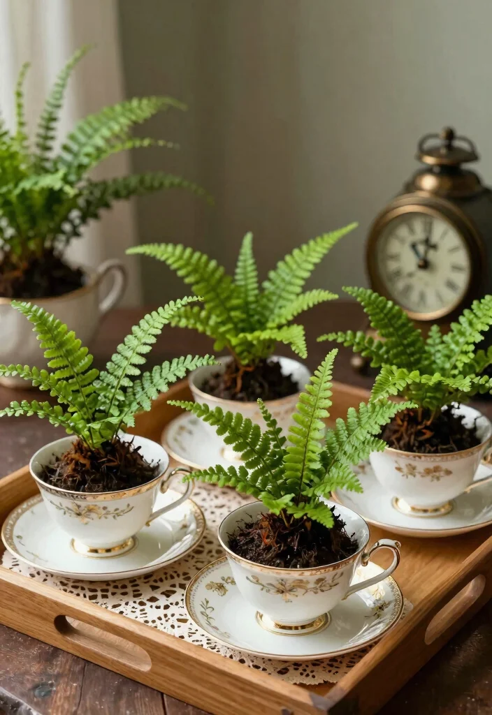 10 Boston Fern Planter Ideas for Porches, Patios, and Shaded Spaces - 4. Vintage Teacup Planters 1