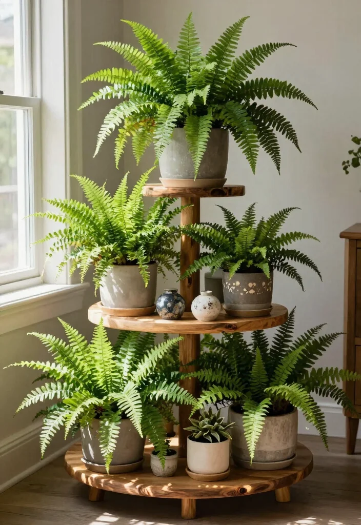 10 Boston Fern Planter Ideas for Porches, Patios, and Shaded Spaces - 6. Multi-Tiered Plant Stand 1