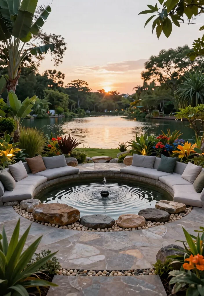 10 Circle Patio Ideas for Cozy and Balanced Outdoor Seating - 7. Integrated Water Features 1