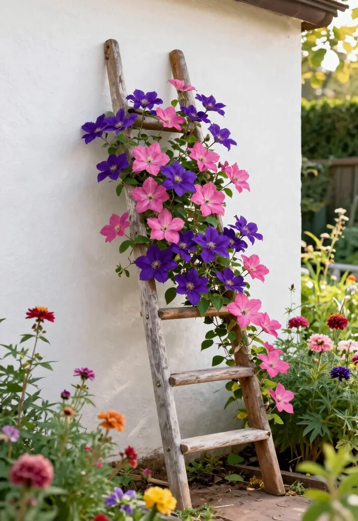 10 Clematis Trellis Ideas for Stunning Vertical Flower Displays - 4. Vintage Ladder Trellis 1