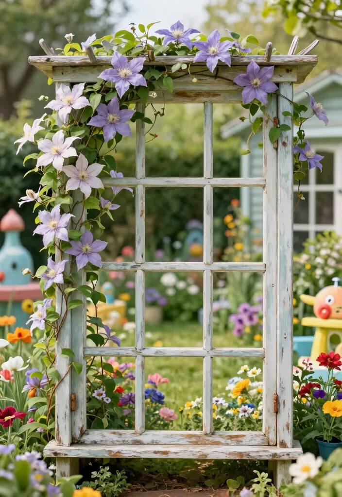 10 Clematis Trellis Ideas for Stunning Vertical Flower Displays - 9. Repurposed Window Frame Trellis 1