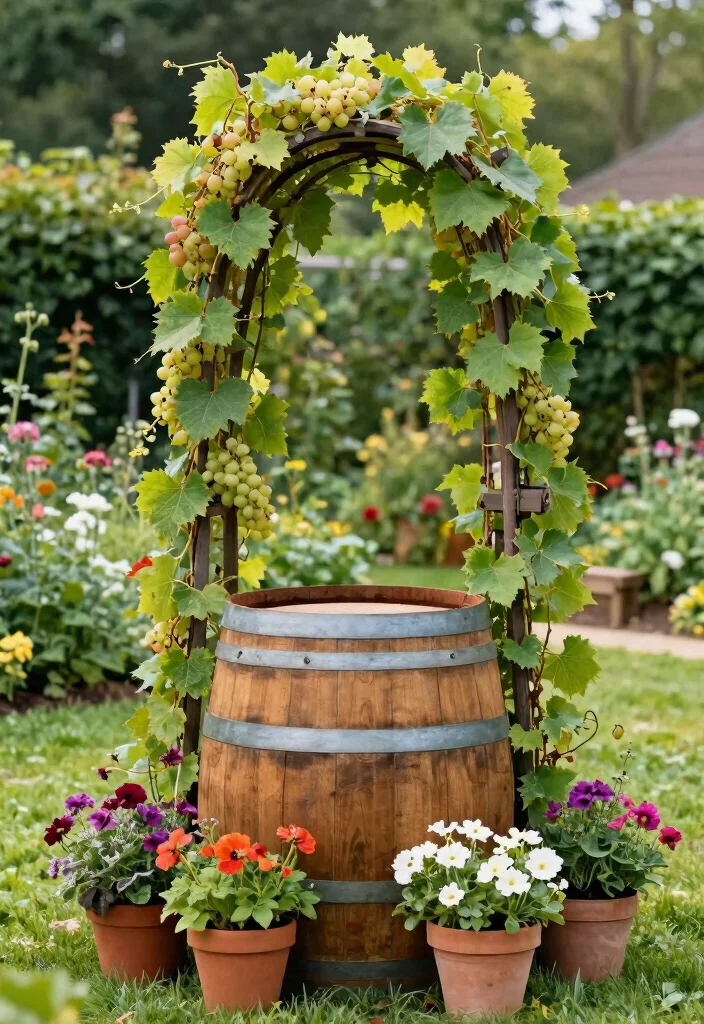 10 Grape Trellis Ideas for Backyard Vine Growing - 7. Wine Barrel Trellis 1