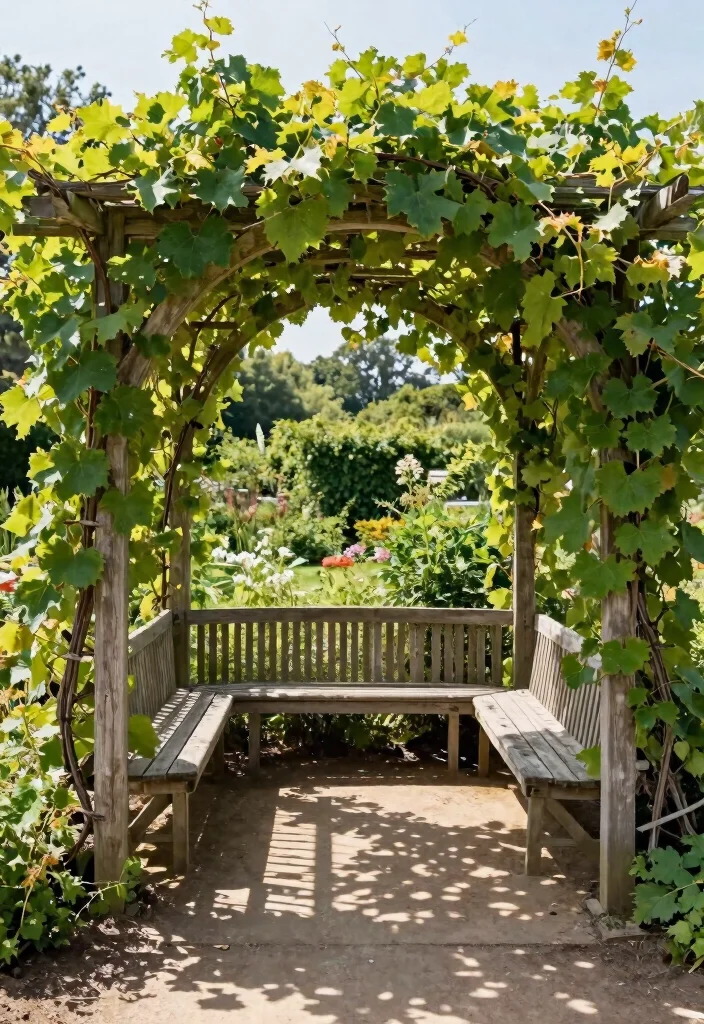 10 Grape Trellis Ideas for Backyard Vine Growing - 8. Archway Trellis with Seating 1