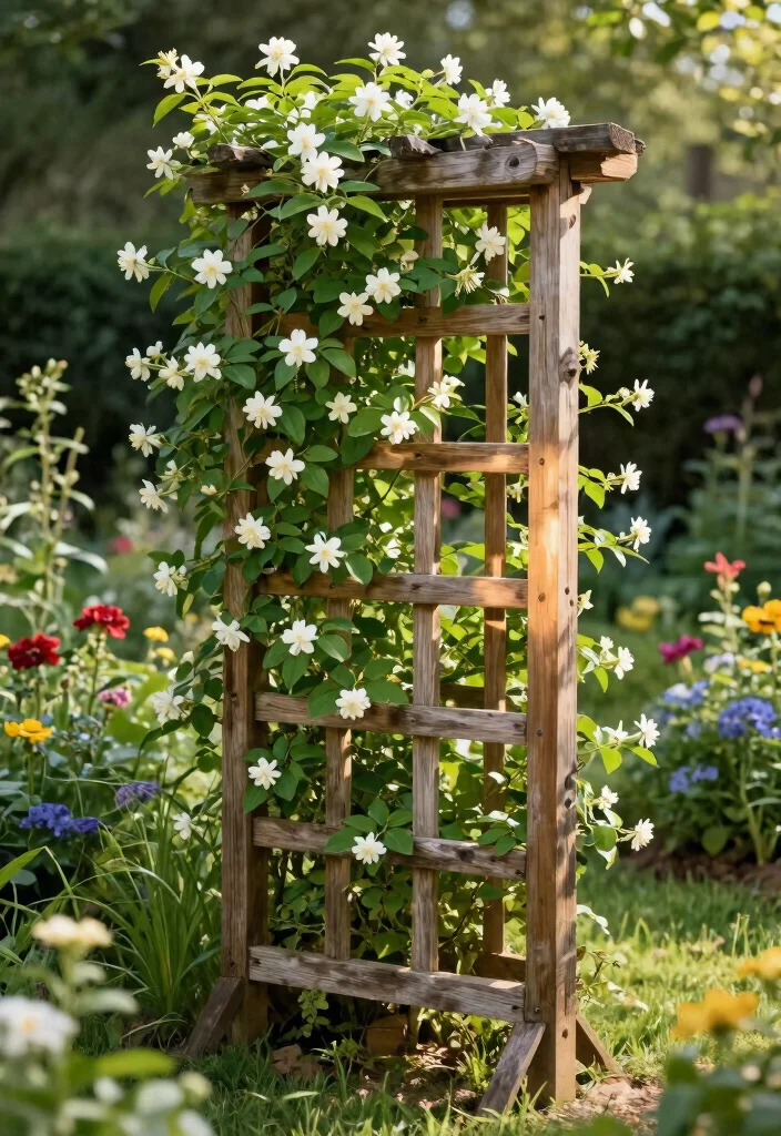 10 Jasmine Trellis Ideas for Fragrant Vertical Garden Design - 1. Rustic Wooden Trellis with Climbing Jasmine 1